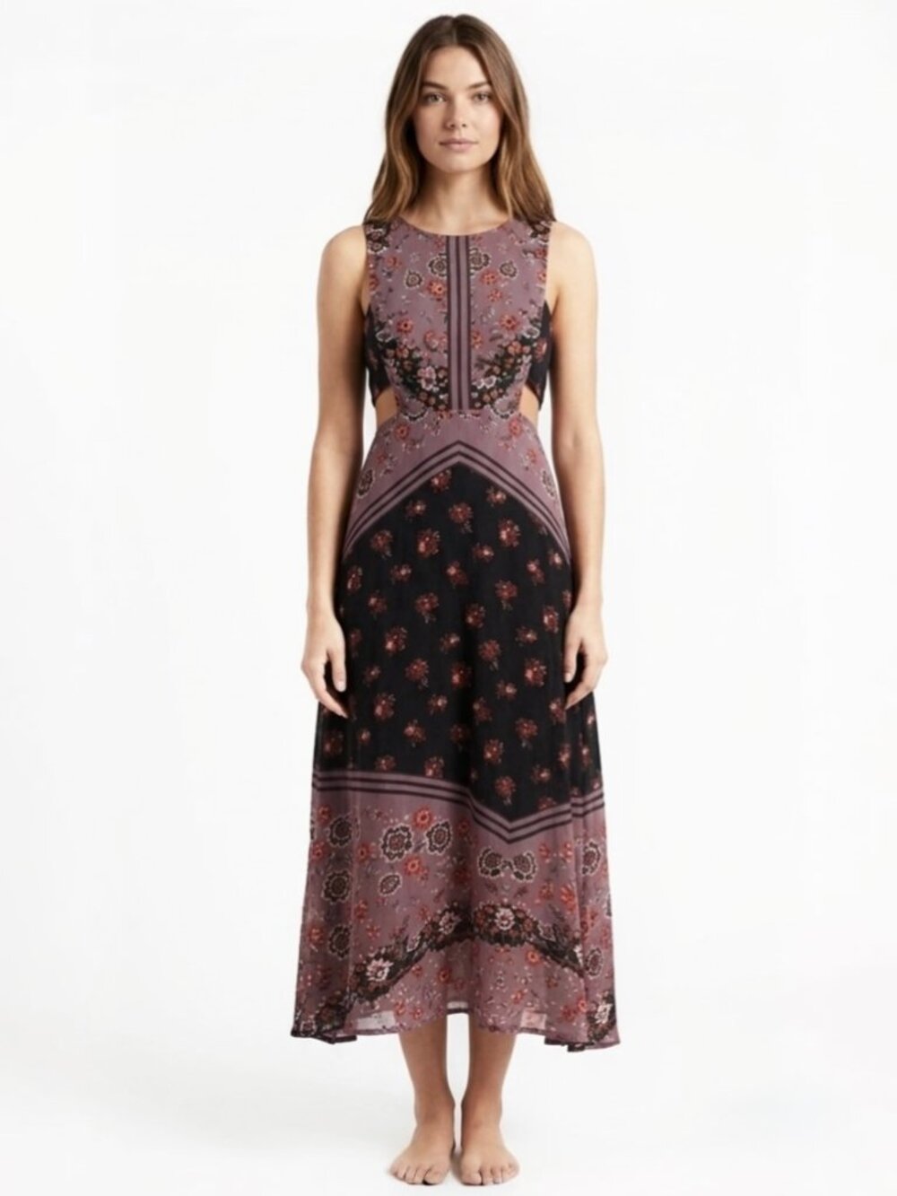 Free People "Sunrise Oblivion" Floral Print Maxi Dress - Black Purple - Size 4
